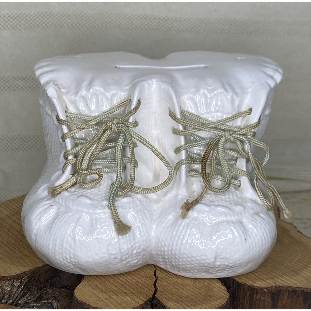 Vintage Ceramic Baby Booties Shoes Coin Bank White Lace Up Nursery Decor